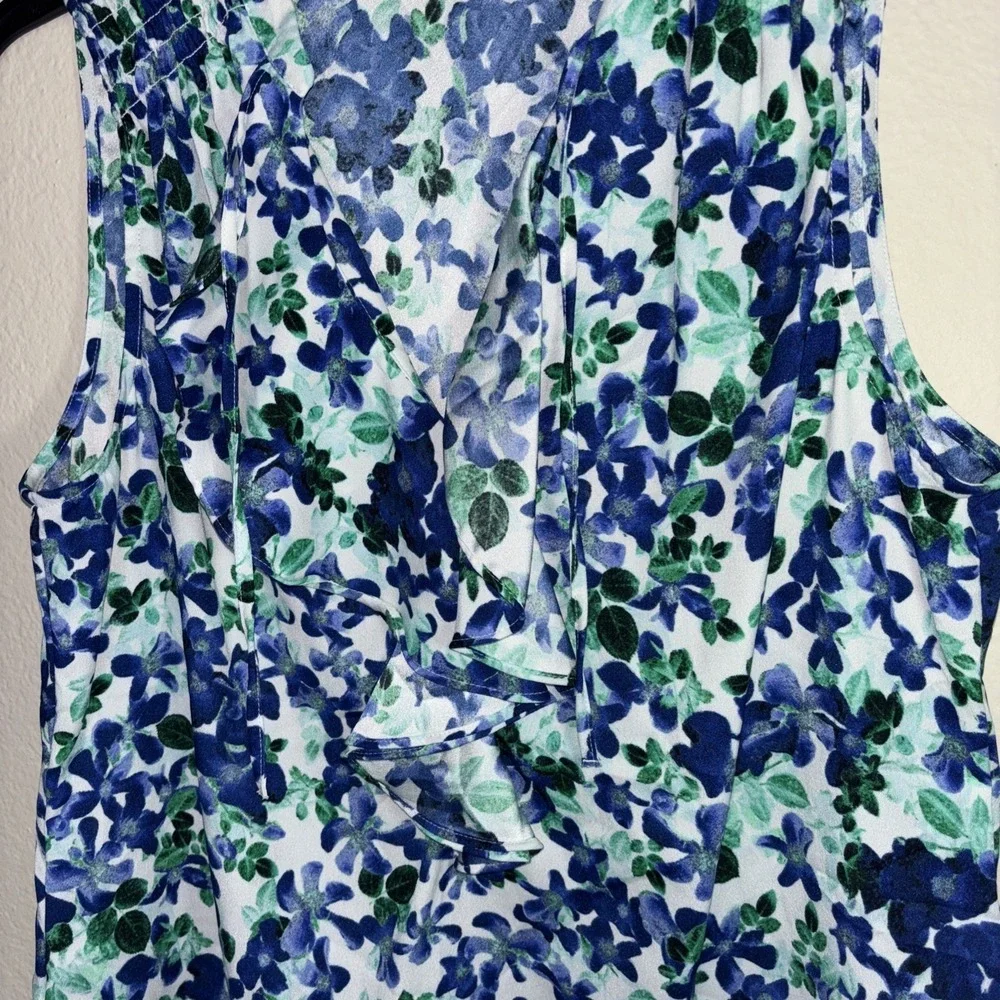 ANN TAYLOR Blouse Sleeveless Green/Blue V-neck Ruffle Front Top Medium Petite - Picture 2 of 5